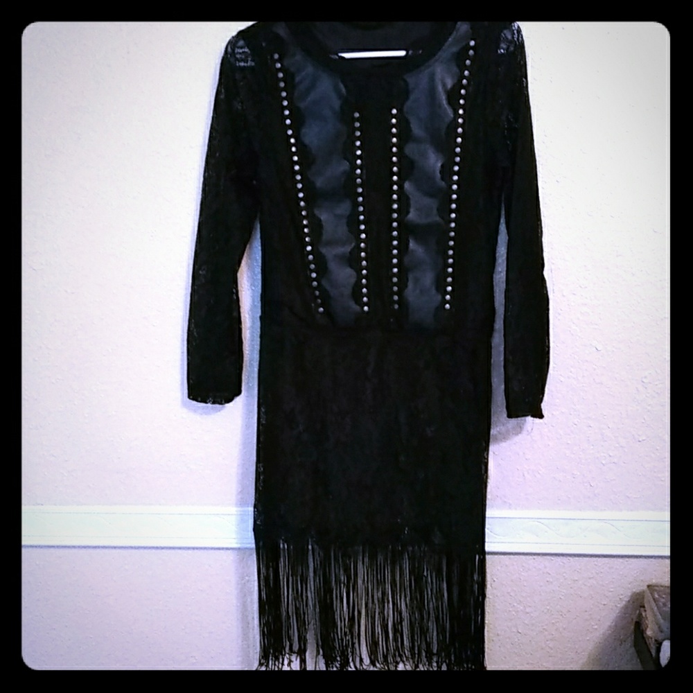 Black lace faux leather dress